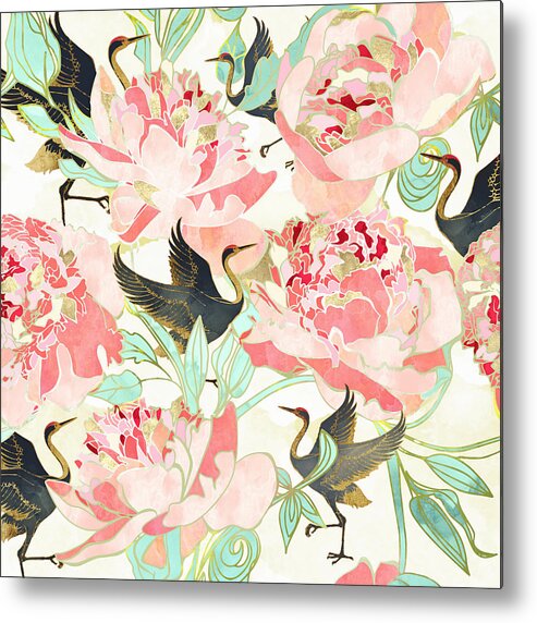 Floral Metal Print featuring the digital art Floral Cranes by Spacefrog Designs