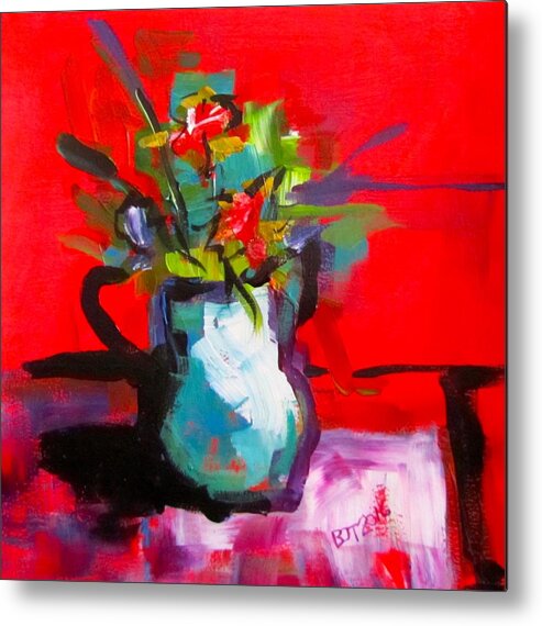 Red Metal Print featuring the painting Flowers in Blue Green Pitcher by Barbara O'Toole