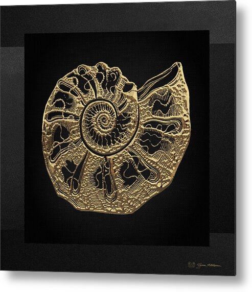 'fossil Record' Collection By Serge Averbukh Metal Print featuring the digital art Fossil Record - Golden Ammonite Fossil on Square Black Canvas #4 by Serge Averbukh