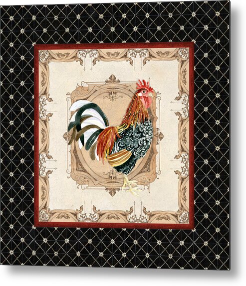 Etched Metal Print featuring the painting French Country Roosters Quartet Black 1 by Audrey Jeanne Roberts