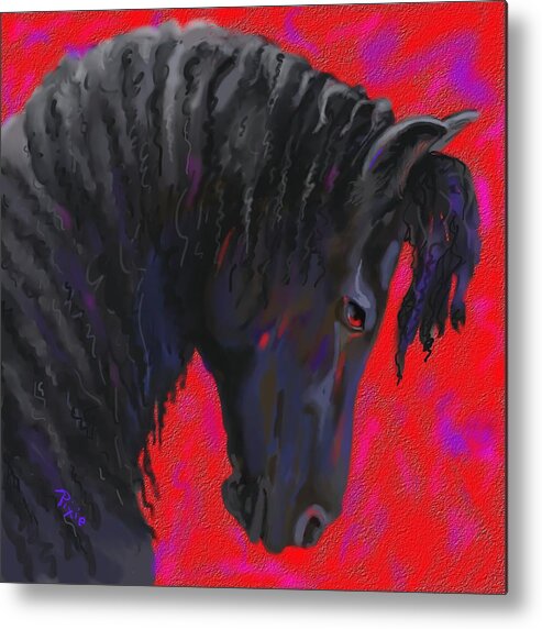 Black Horse Metal Print featuring the painting Fresian by Pixie Glore