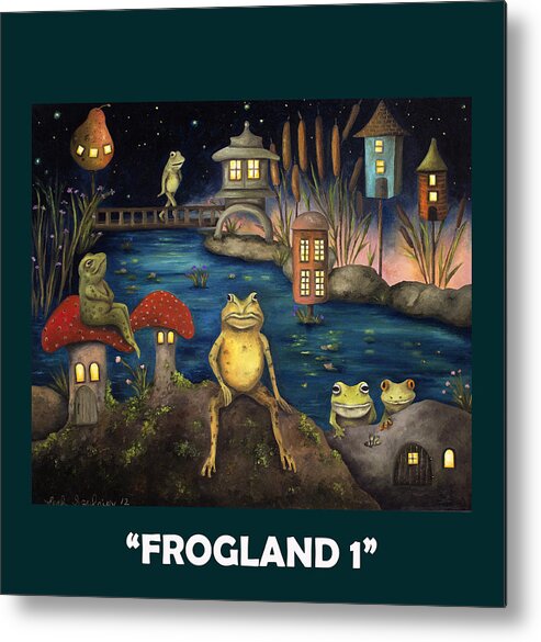 Frogs Metal Print featuring the painting Frogland with Lettering by Leah Saulnier The Painting Maniac