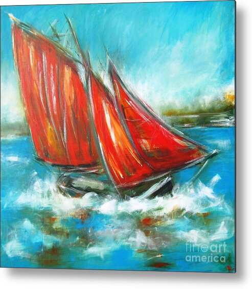 Galway Hooker Metal Print featuring the painting Paintings of Galway hooker on galway bay - see www.pxi-art.com by Mary Cahalan Lee - aka PIXI