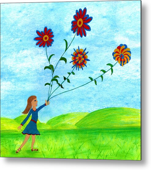 Landscape Metal Print featuring the digital art Girl With Flowers by Christina Wedberg