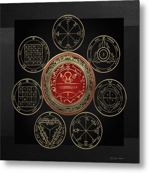 'sacred Symbols' Collection By Serge Averbukh Metal Print featuring the digital art Gold Seal of Solomon over Seven Pentacles of Saturn on Black Canvas by Serge Averbukh