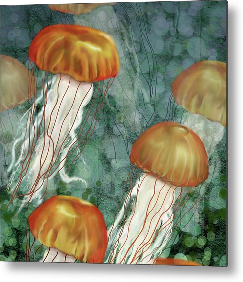 Jellyfish Metal Print featuring the digital art Golden Jellyfish in Green Sea by Sand And Chi