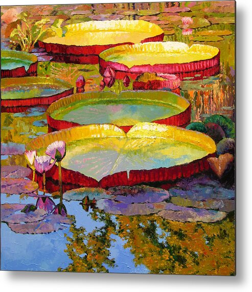 Sunlight Metal Print featuring the painting Golden Light on Pond by John Lautermilch