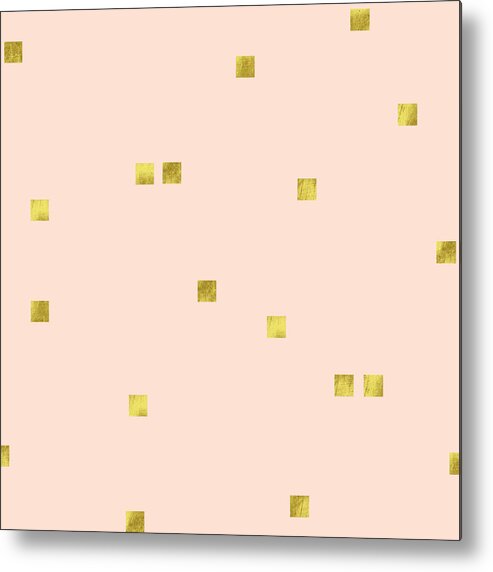 Minimalist Metal Print featuring the digital art Golden scattered confetti pattern, baby pink background by Tina Lavoie