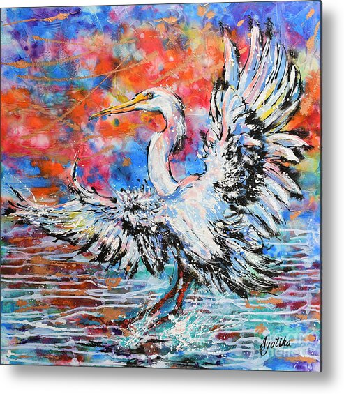 Metal Print featuring the painting Great Egret Sunset Glory by Jyotika Shroff