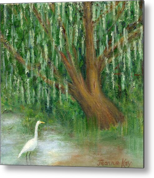 Great White Egret Live Oak Spanish Moss Metal Print featuring the painting Great White Egret and Live Oak by Jeanne Juhos