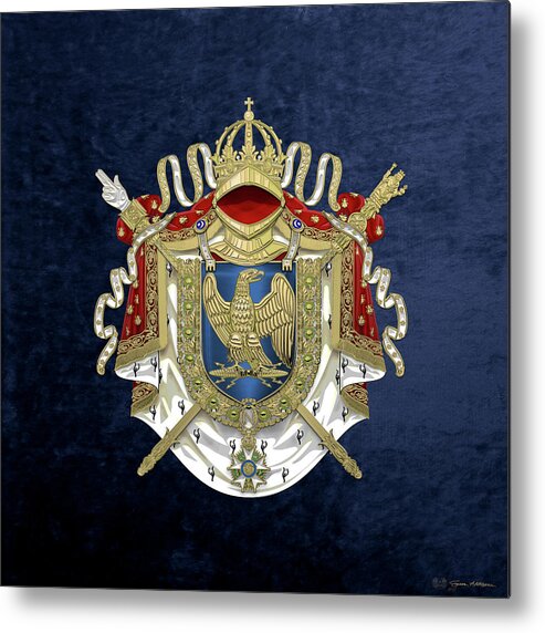 'napoleon Bonaparte' Collection By Serge Averbukh Metal Print featuring the digital art Greater Coat of Arms of the First French Empire over Blue Velvet by Serge Averbukh