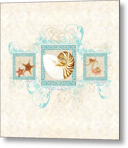 Seashells Metal Print featuring the painting Greek Key Nautilus Starfish n Conch Shells by Audrey Jeanne Roberts