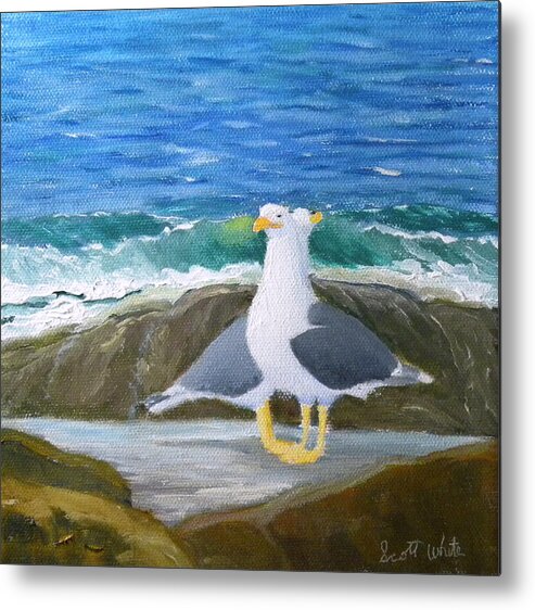 Birds Beach Seagulls Seascape Landscape Rocks Ocean Sea Waves Artist Scott White Metal Print featuring the painting Guarding The Land And Sea by Scott W White
