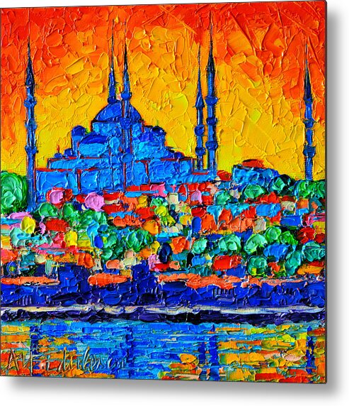 Istanbul Metal Print featuring the painting Hagia Sophia At Sunset Istanbul Abstract Cityscape Palette Knife Oil Painting By Ana Maria Edulescu by Ana Maria Edulescu