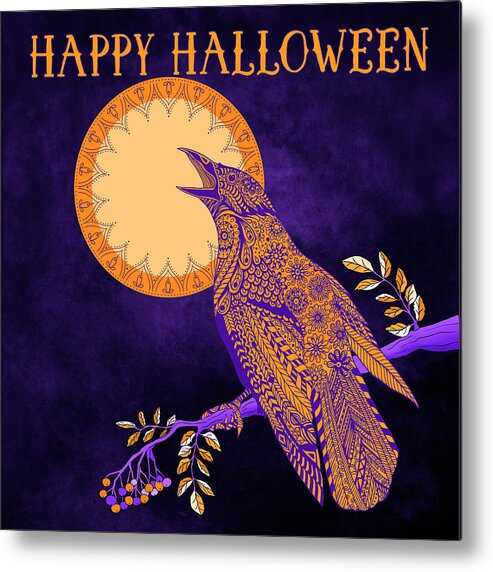 Crow Metal Print featuring the drawing Halloween Crow and Moon by Tammy Wetzel