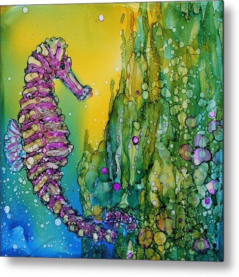 Sea Horse Metal Print featuring the painting Hangin in There by Ruth Kamenev