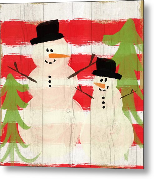 Snowman Metal Print featuring the painting Happy Snowmen- Art by Linda Woods by Linda Woods
