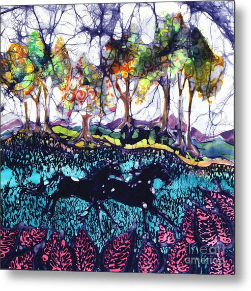 Batik. Horse Metal Print featuring the tapestry - textile Horses Running Below Hills by Carol Law Conklin