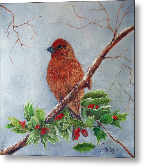 Finch Metal Print featuring the painting House Finch In Winter by Loretta Luglio