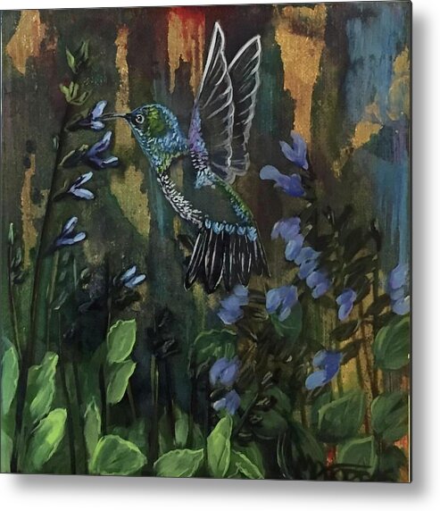 Hummingbird Metal Print featuring the mixed media Hummingbird and Salvia by Melissa Torres