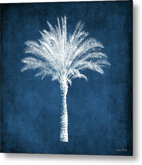 Palm Tree Paradise Beach Tropical Coastal Blue Indigo White Vacation Resort Home Decorairbnb Decorliving Room Artbedroom Artcorporate Artset Designgallery Wallart By Linda Woodsart For Interior Designersgreeting Cardpillowtotehospitality Arthotel Artart Licensing Metal Print featuring the mixed media Indigo and White Palm Tree- Art by Linda Woods by Linda Woods