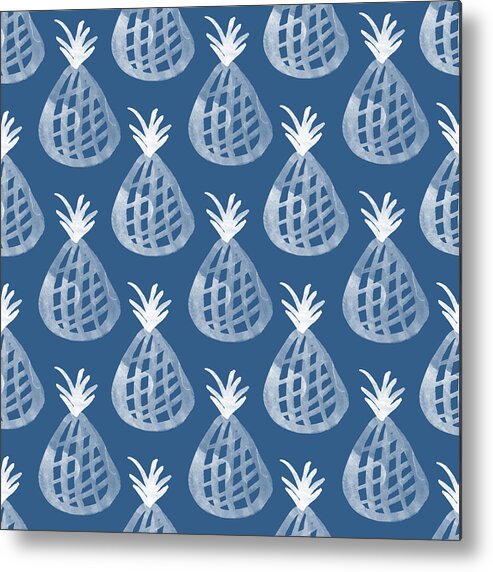 Indigo Metal Print featuring the mixed media Indigo Pineapple Party by Linda Woods