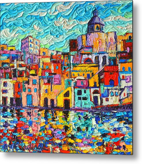 Procida Metal Print featuring the painting Italy Procida Island Marina Corricella Naples Bay Palette Knife Oil Painting By Ana Maria Edulescu by Ana Maria Edulescu