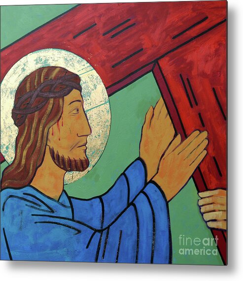 Son Of God Metal Print featuring the painting Jesus takes up his cross by Sara Hayward