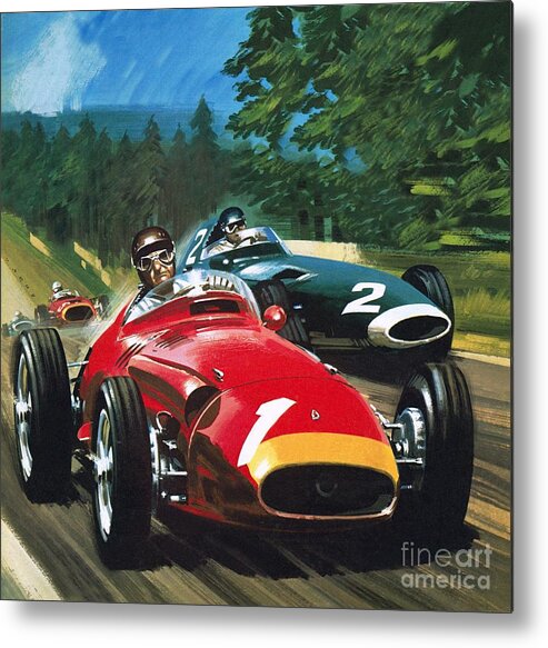 Juan Manuel Fangio; Car Racing; Maserati; Grand Prix Racing; Speed; Driving; Helmet Metal Print featuring the painting Juan Manuel Fangio by Wilf Hardy