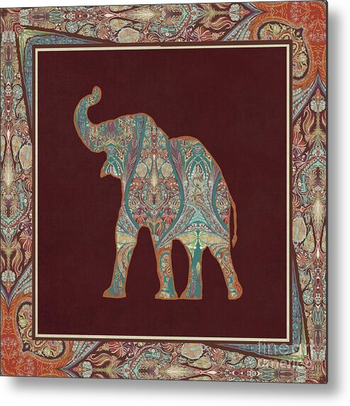 Rust Metal Print featuring the painting Kashmir Patterned Elephant 3 - Boho Tribal Home Decor by Audrey Jeanne Roberts