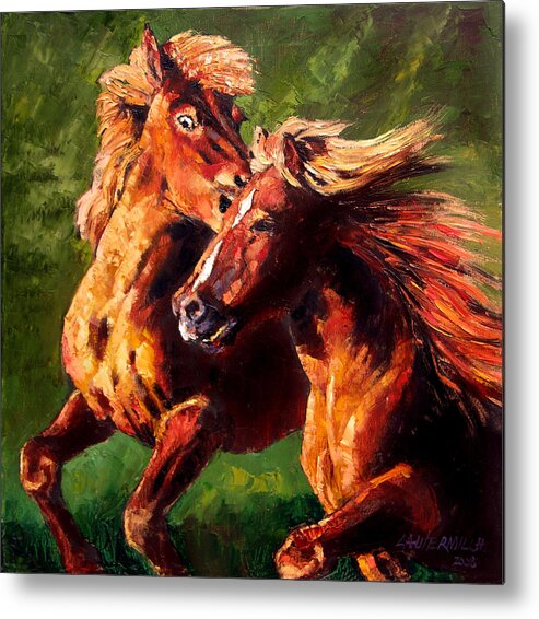 Horses Running Metal Print featuring the painting Kiss on the Run by John Lautermilch