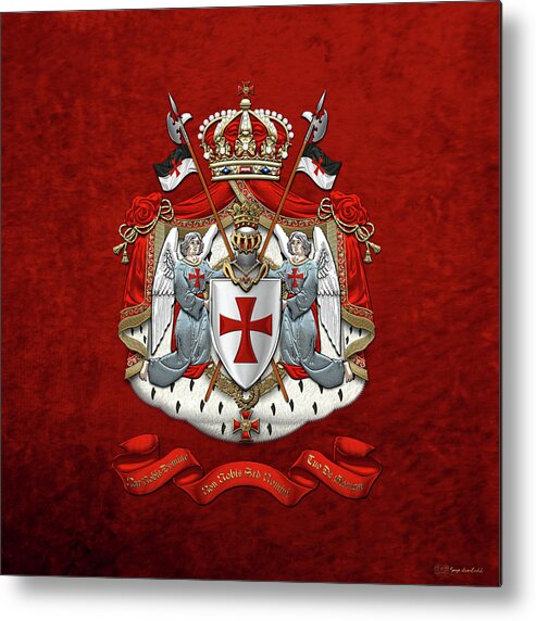 'ancient Brotherhoods' Collection By Serge Averbukh Metal Print featuring the digital art Knights Templar - Coat of Arms over Red Velvet by Serge Averbukh