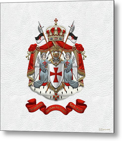 'ancient Brotherhoods' Collection By Serge Averbukh Metal Print featuring the digital art Knights Templar - Coat of Arms over White Leather by Serge Averbukh