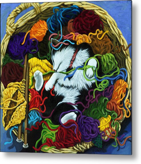Knitting Metal Print featuring the painting Knitter's Helper - cat painting by Linda Apple