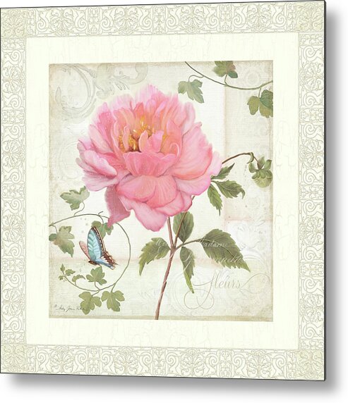 Pink Peony Metal Print featuring the painting Les Fleurs Magnifiques II - Pink Peony w Vines n Butterfly by Audrey Jeanne Roberts