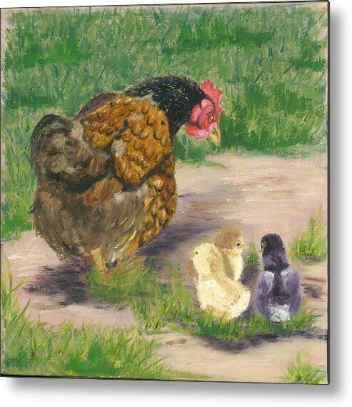 Cickens Chicks Hen Barnyard Bantams Farm Bucolic Nature Metal Print featuring the painting Lesson Time by Paula Emery