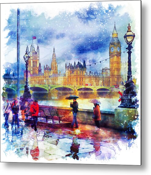 Marian Voicu Metal Print featuring the painting London Rain watercolor by Marian Voicu