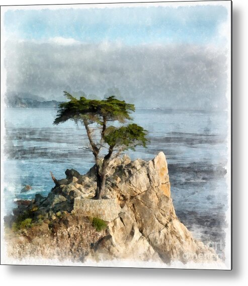 Lone Metal Print featuring the digital art Lone Cypress Watercolor by Edward Fielding