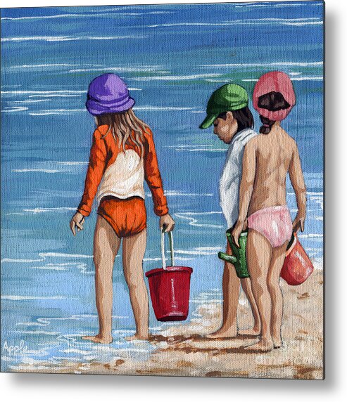 Beach Metal Print featuring the painting Looking for Seashells Children on the beach figurative original painting by Linda Apple
