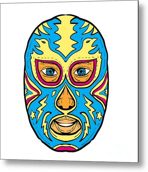 Illustration; Luchador; Lucha Libre; Eagle; Mask; Star; Lightning Bolt; Mexican; Wrestler; Wrestling; Head; Man; Male; Front; Drawing; Hand-sketched; Isolated Metal Print featuring the digital art Luchador Mask Eagle Lightning Bolt Drawing by Aloysius Patrimonio