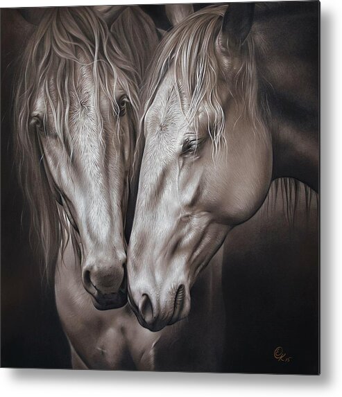 Horse Metal Print featuring the drawing Lusitano pair by Elena Kolotusha