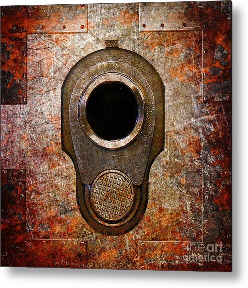 Colt Metal Print featuring the digital art M1911 Muzzle on Rusted Riveted Metal by Fred Ber