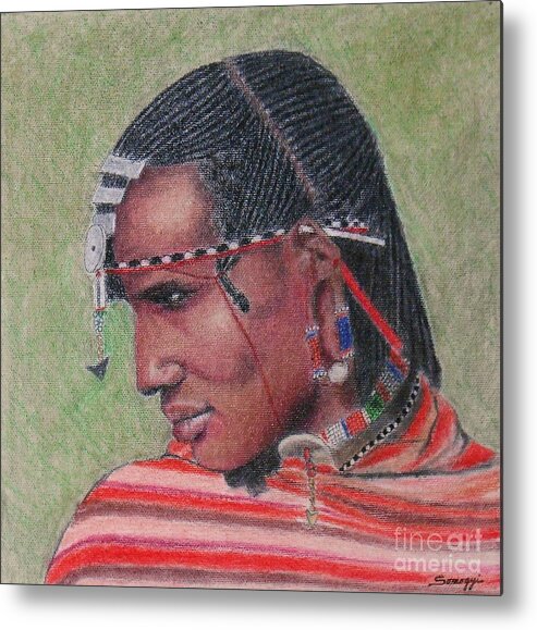 Maasai Metal Print featuring the pastel Maasai Warrior II -- Portrait of African Tribal Man by Jayne Somogy
