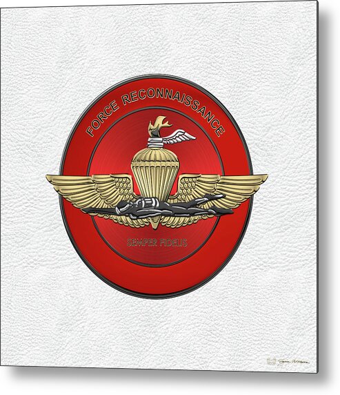 'military Insignia & Heraldry' Collection By Serge Averbukh Metal Print featuring the digital art Marine Force Reconnaissance - U S M C  F O R E C O N Insignia over White Leather by Serge Averbukh
