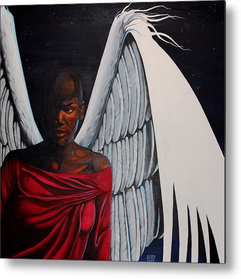 African American Female Angel In Red With White Wings Metal Print featuring the painting Meditation by William Roby