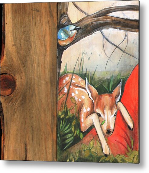 Deer And Blue Bird Metal Print featuring the painting Mid-Summers Day Dream 1st Panel by Jacqueline Hudson