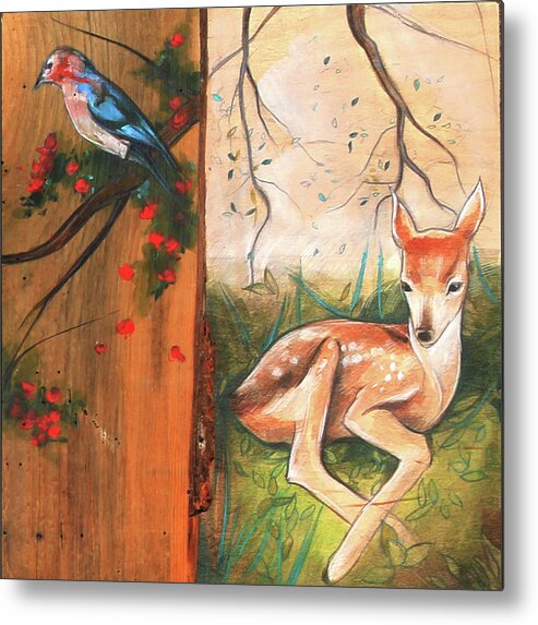 Deer And Blue Bird Metal Print featuring the painting Mid-Summers Day Dream 4th Panel by Jacqueline Hudson