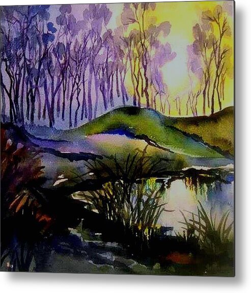 Woods And Pond Metal Print featuring the painting Moody Woods by Esther Woods