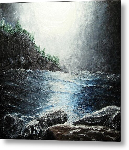 Bay Metal Print featuring the painting Moon light on the ocean by Shelley Bain