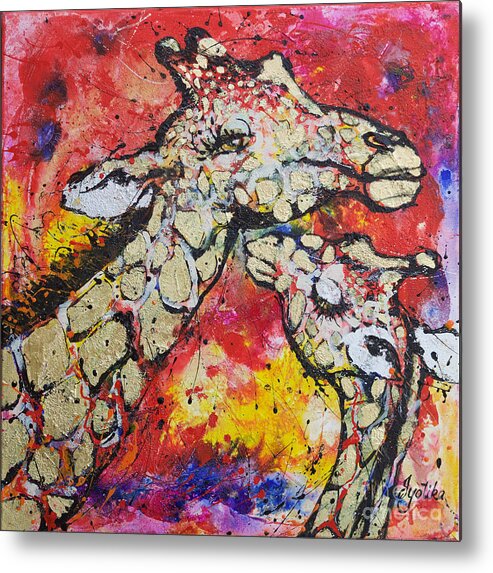 Giraffe Mother And Baby. Wild Life Metal Print featuring the painting Mother's Love by Jyotika Shroff